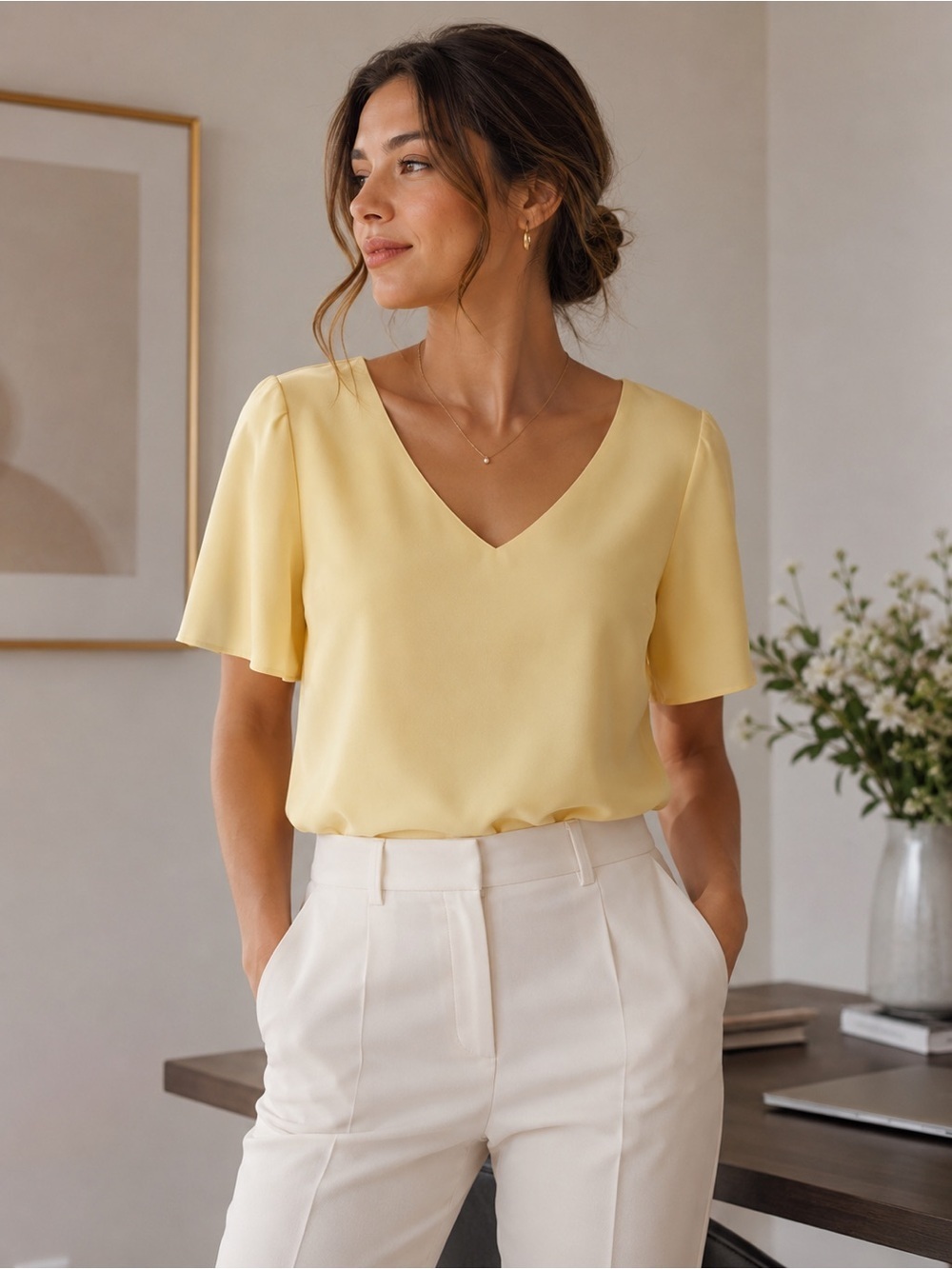 Babaton Pale Yellow V-Neck Blouse Size XXS Minimalist Office Lightweight